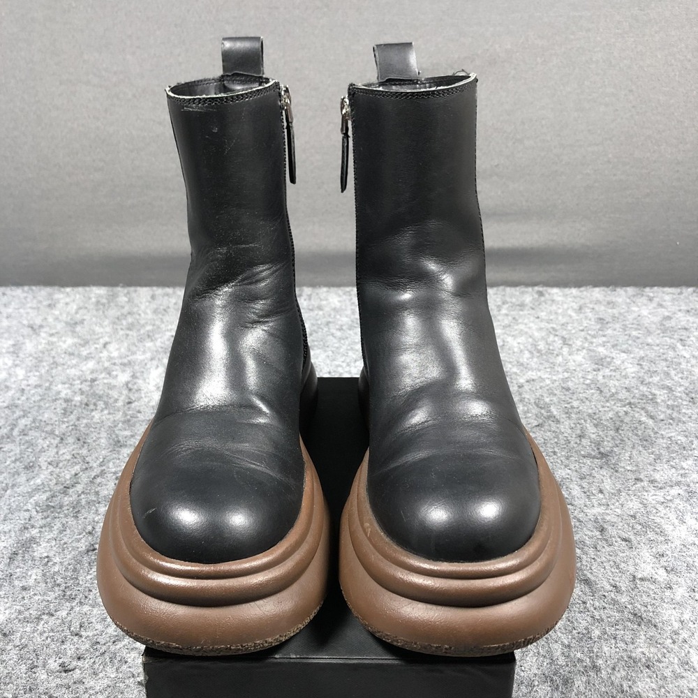 Zara Platform Ankle Boots Womens 6.5 Black Leather Brown Sole Round Toe Zip - Picture 4 of 16